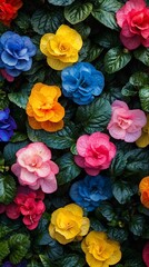 Vibrant multicolored flowers blooming densely in a garden.