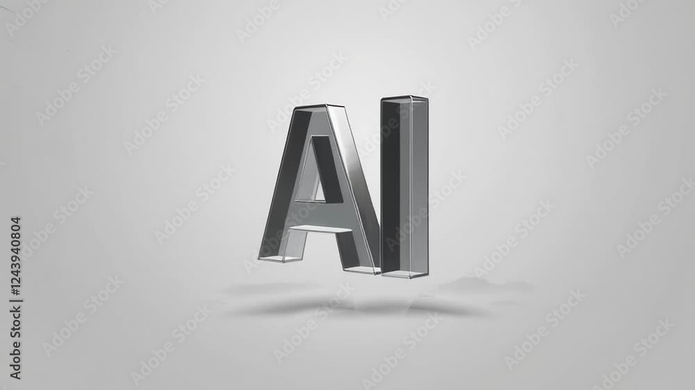 Poster metallic glass artificial intelligence icon rotating smoothly against pristine white background, rep