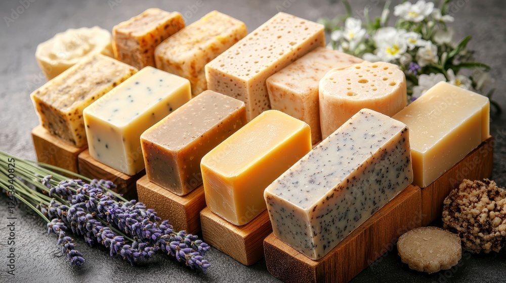 Poster assortment of artisan soaps with varying colors and textures displayed on wooden blocks, accompanied