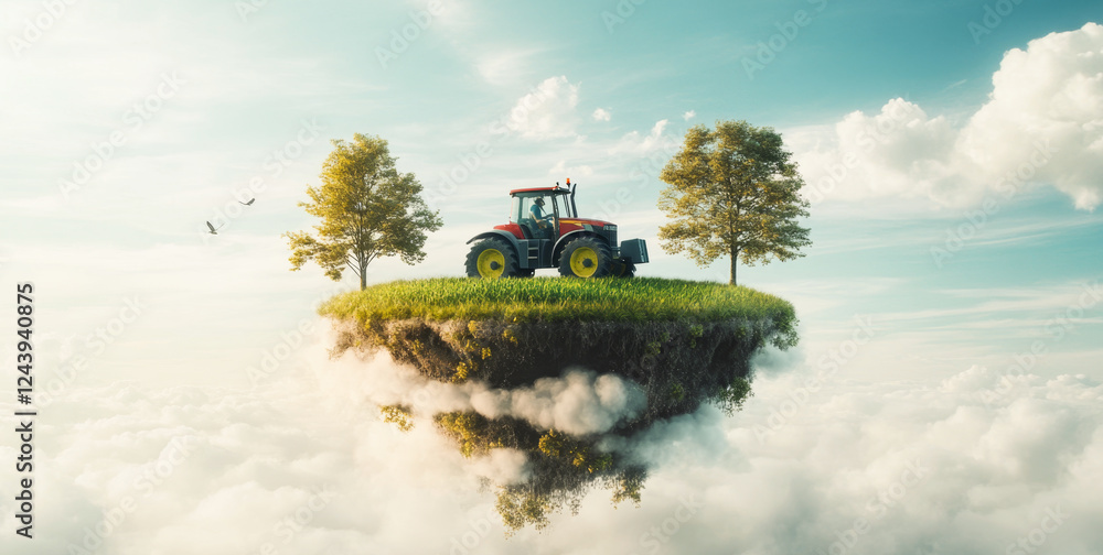 Poster A bright red tractor stands prominently on a green floating field, surrounded by fluffy white clouds and two trees. The scene conveys a sense of innovation in farming with a surreal backdrop.