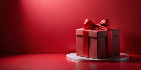 A crimson gift box with a satin ribbon bow sits elegantly on a minimalist display