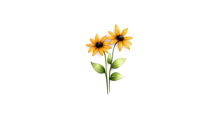 Bright Yellow Flowers with Green Leaves on a White Background