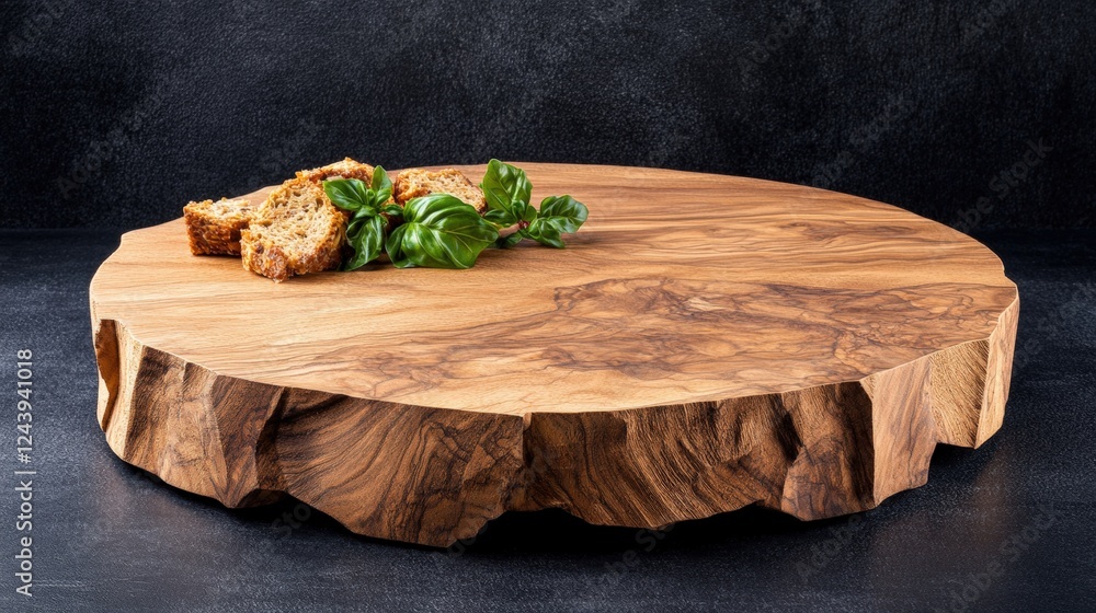 Poster wooden table with a slice of bread placed on it in a natural light setting