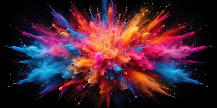 Vibrant powder explosion with dynamic color bursts and striking contrast against a dark background