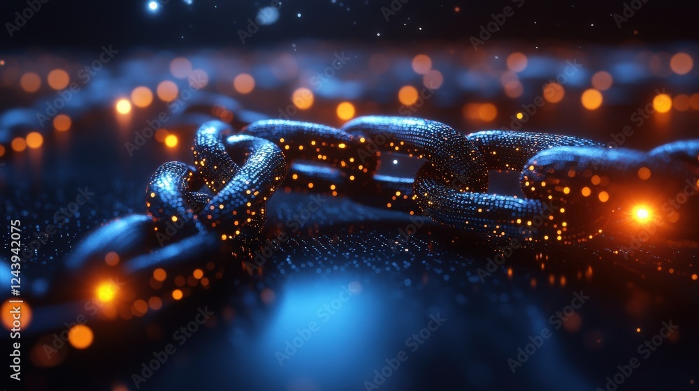 Poster close-up of a metallic chain illuminated by glowing particles against a dark background