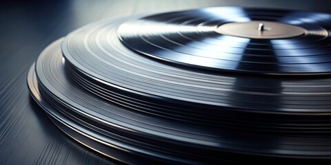 Close-up view of stacked vinyl records showcasing grooved surfaces and reflective qualities