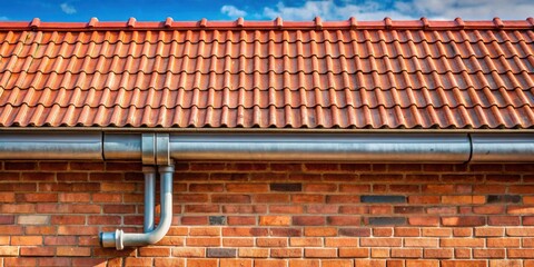 A Red Tile Roof with a Metal Gutter System on a Brick Wall