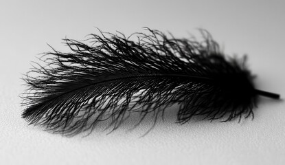 Obraz premium Single black feather on a light gray background. Close up shot with focus on fine details and texture. Monochromatic, high key lighting