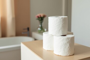 A Well-Stocked Bathroom: Neatly Arranged Rolls of White Toilet Paper Next to a Flower Arrangement and Bathtub in a Modern Domestic Setting