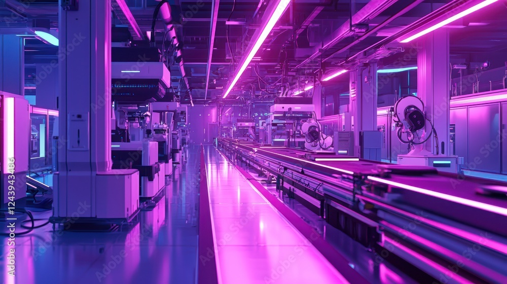 Poster futuristic factory: neon-lit assembly line with automated robots