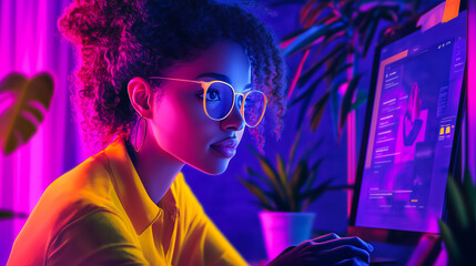 A focused female programmer works in a neon-lit space, immersed in coding and technology. The vibrant colors reflect innovation, creativity, and the future of digital work.