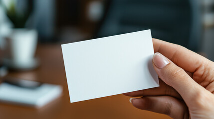 Obraz premium person holding blank business card in office setting, conveying professionalism and potential