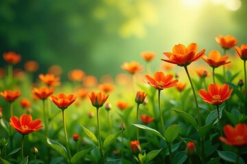Fototapeta premium Lush greenery with red flowers swaying gently in the breeze amidst a sea of orange flowers, background color, wild