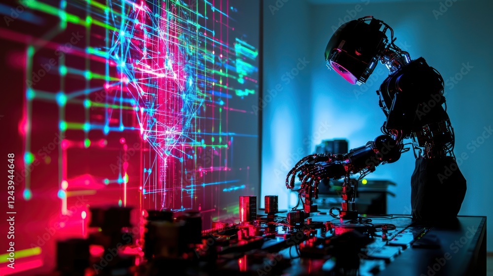 Poster cybernetic futuristic robot working on a complex technological system, illuminated by vibrant neon l