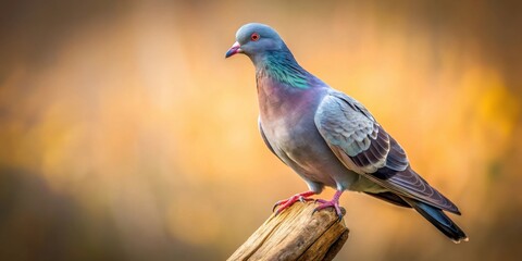 A Vibrant Wood Pigeon Perched on a Weathered Branch Against a Warm, Autumnal Background