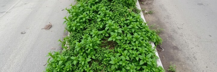 Obraz premium Lush vegetation has overtaken a neglected urban road surface, weeds, neglected road, crumbling stones