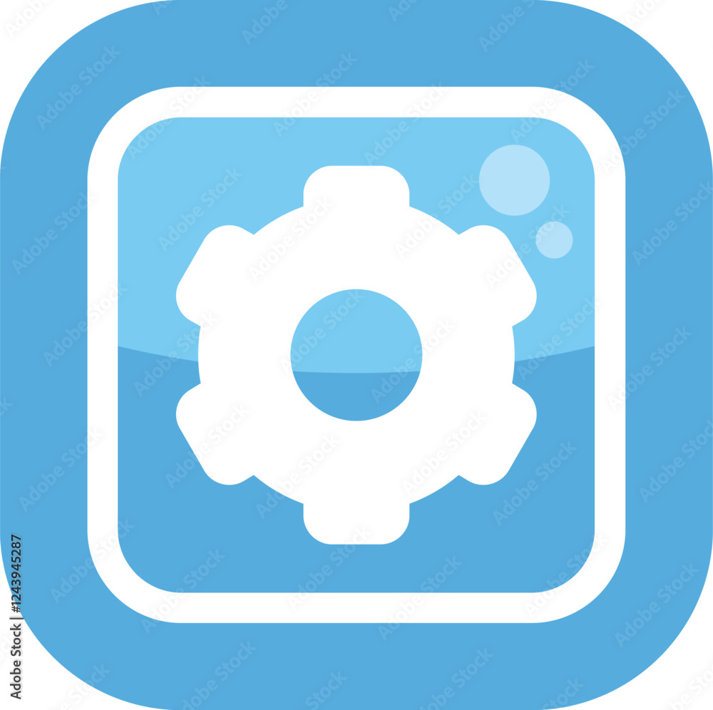Poster blue rounded square app icon showing a rotating gear setting symbol, ideal for developers and user i