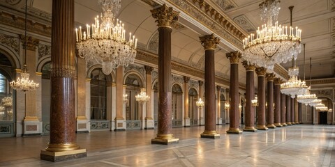 Obraz premium Luxurious palace hall with slender bronze pillars and crystal chandeliers, lavish decor, rich textures, regal furnishings
