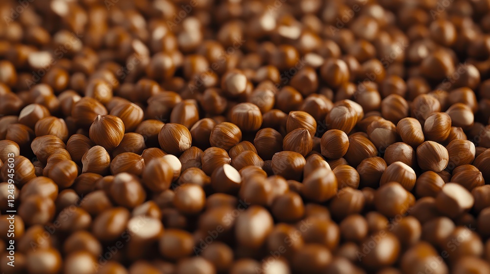 Poster close up view of a large pile of nuts, showcasing their brown, smooth texture and subtle variations 