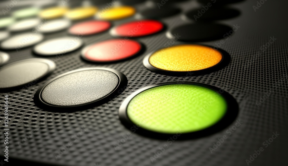 Poster close up view of colorful circular buttons on a textured dark surface, illuminated with subtle light