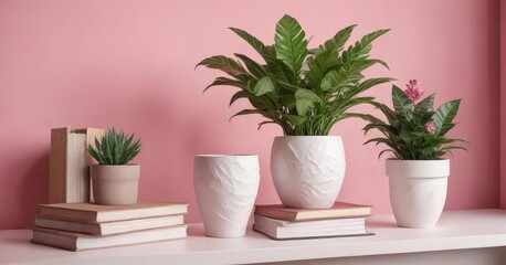 White paper vase with potted plants and stack of books on desk with pink background, inspiration, display