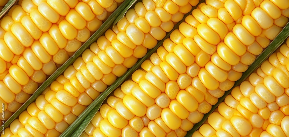 Poster close up view of several ears of yellow corn, arranged in parallel rows, showcasing their texture an