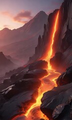 Magma flows down a steep volcanic slope at sunset, volcano eruption, nightfall, volcanic ash