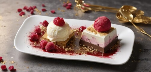 White porcelain plate with a rectangular ruby chocolate bar and a scoop of ruby ice cream, garnished with edible gold dust , ruby chocolate, food