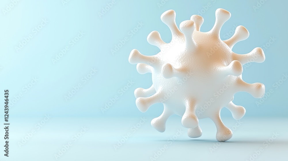 Poster white virus model on a soft blue background with a smooth surface and subtle shadows for science and