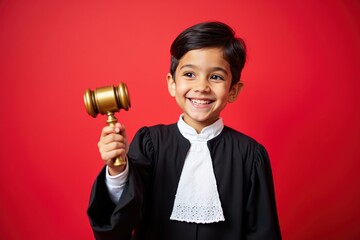 A Young Boy Dressed as a Lawyer Holding a Gavel in Front of a Bright Red Background, Radiating Joy and Enthusiasm for Justice