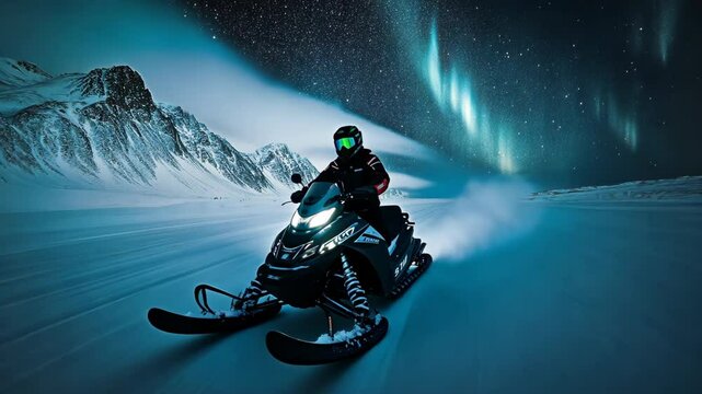 Snowmobile adventure under the northern lights in a remote winter landscape