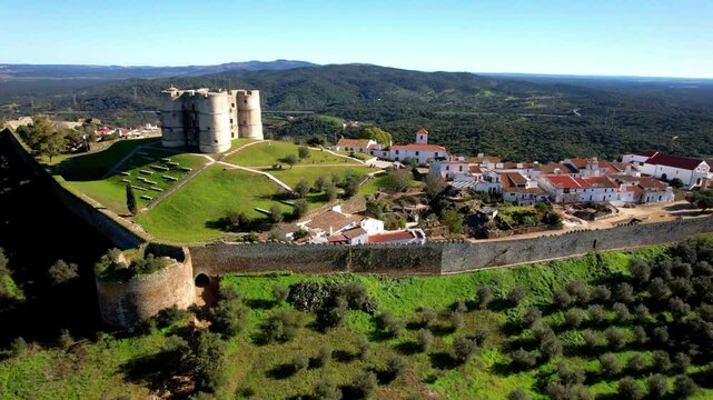 Alentejo region in Portugal. scenic medieval village Evoramonte - Portugal. Aerial view of the fortified city with olive plantations  near Evora town, 
