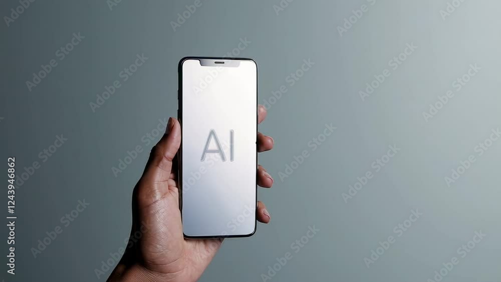 Poster presenting high tech smartphone displaying artificial intelligence logo, revealing cutting edge digi