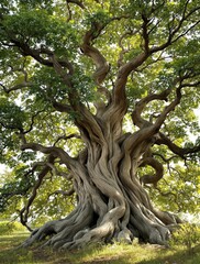 Majestic tree with gnarled trunk and sprawling branches , forest canopy, , organic shapes, ancient tree, woodland ambiance