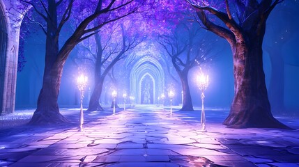 A cross is lit up in a forest