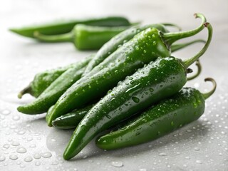 Dewy green chili peppers