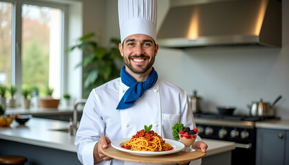 フレンドリーな笑顔のイケメンシェフが、クリーミーパスタとベリーを添えたプディングを丁寧にサーブする美味しいひとときを演出