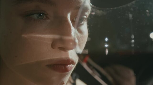 Close-up view of pessimistic Caucasian girl pensively looking at glass filled with wine holding it close to her face