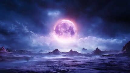 Fototapeta premium A large pink moon is in the sky above a rocky landscape