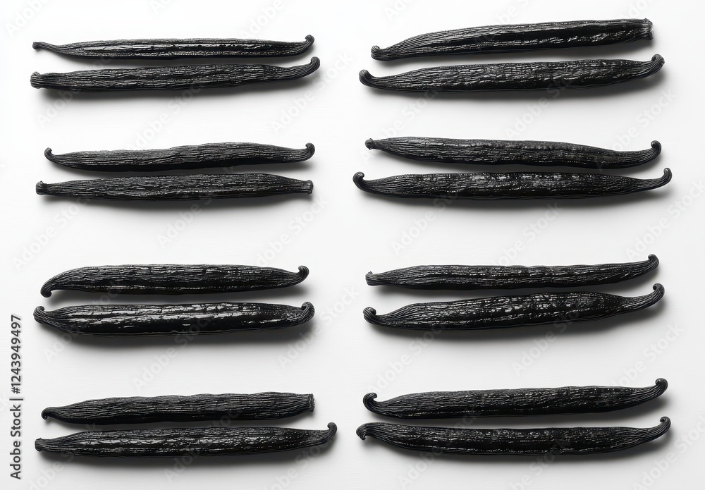 Poster dark brown vanilla beans arranged in rows on a white background. close up view showing texture and d