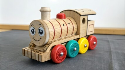 Fototapeta premium Wooden toy train with colorful wheels and a smiling face, childrens play, happy train, kids fun