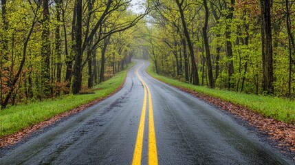 Obraz premium Scenic Winding Road Through Lush Spring Forest After Rain