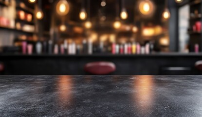 Dark granite countertop with warm light reflections, blurred background of a stylish bar with hanging Edison bulbs and shelves