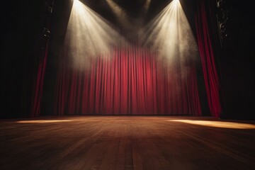 Vintage theater stage with red curtains and spotlights. Neural network AI generated