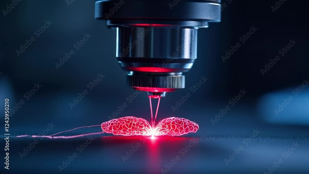 Poster close up view of microscope focusing on specimen with red light in laboratory