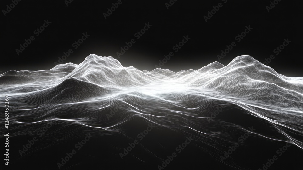 Poster white and black, lines of light form the shape of undulating mountain peaks on a dark background. th