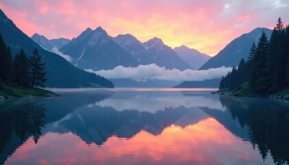 Fototapeta premium misty mountain lake reflected in calm water at dusk, reflection, nature, calm