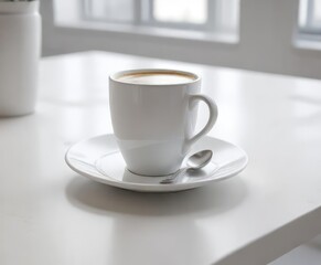 Mockup of a white coffee cup on a blank white table, saucer, coffee break, monochrome