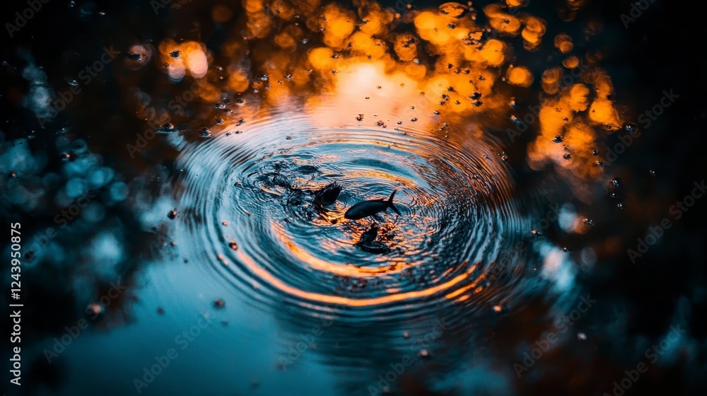 Poster dark water ripples reflecting orange sunset bokeh, creating concentric circles. a small dark object 