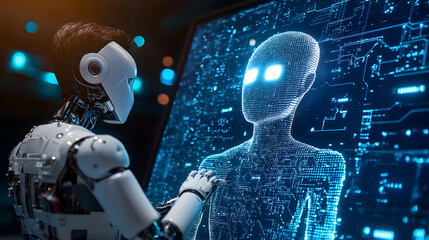 Futuristic robot interacting with virtual AI interface, showcasing advanced technology, artificial intelligence, and digital innovation